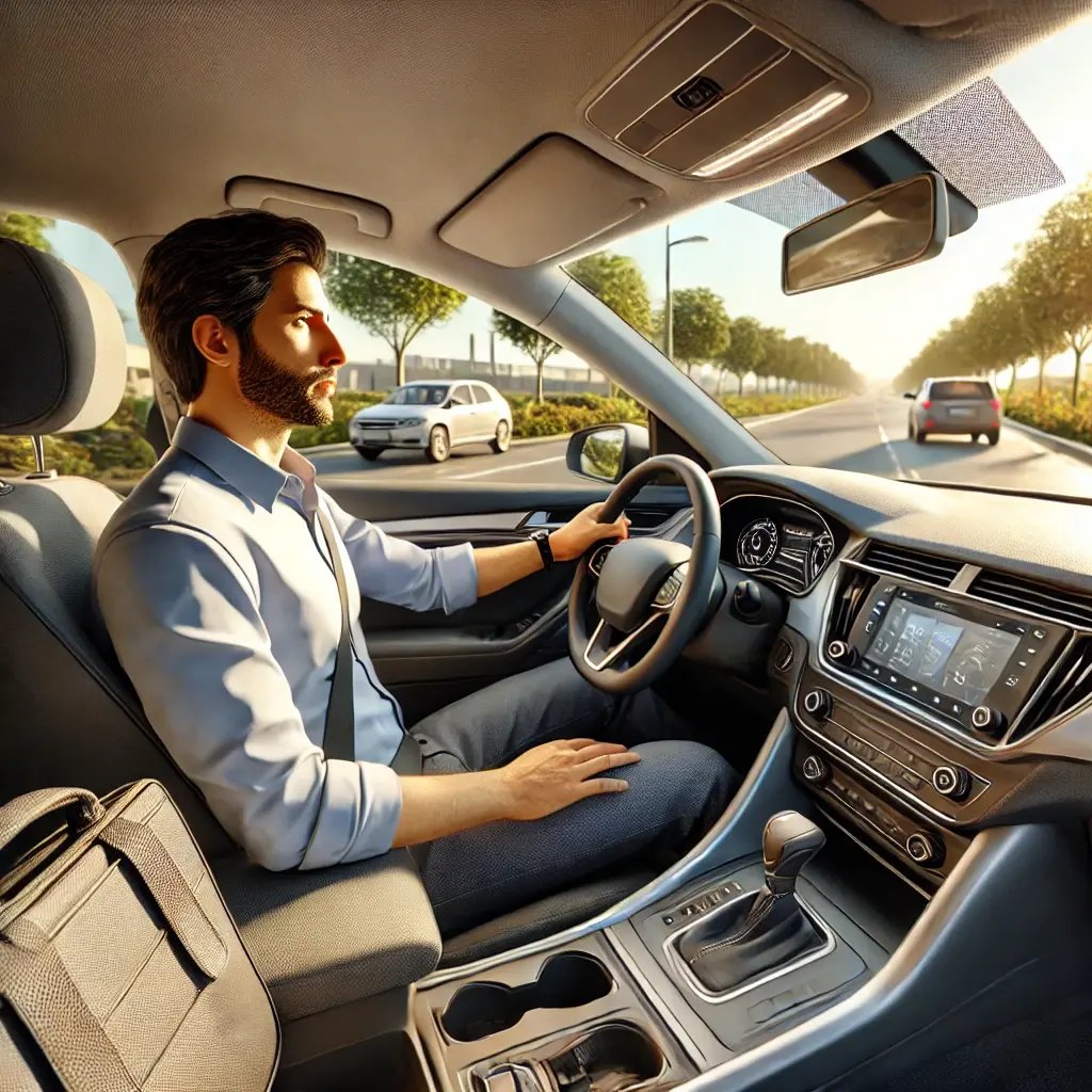 DALL·E 2025-01-08 11.47.18 - A photo-realistic image of a worker driving a car, dressed in business casual attire, on the way to visit a client. The setting is a sunny day with a