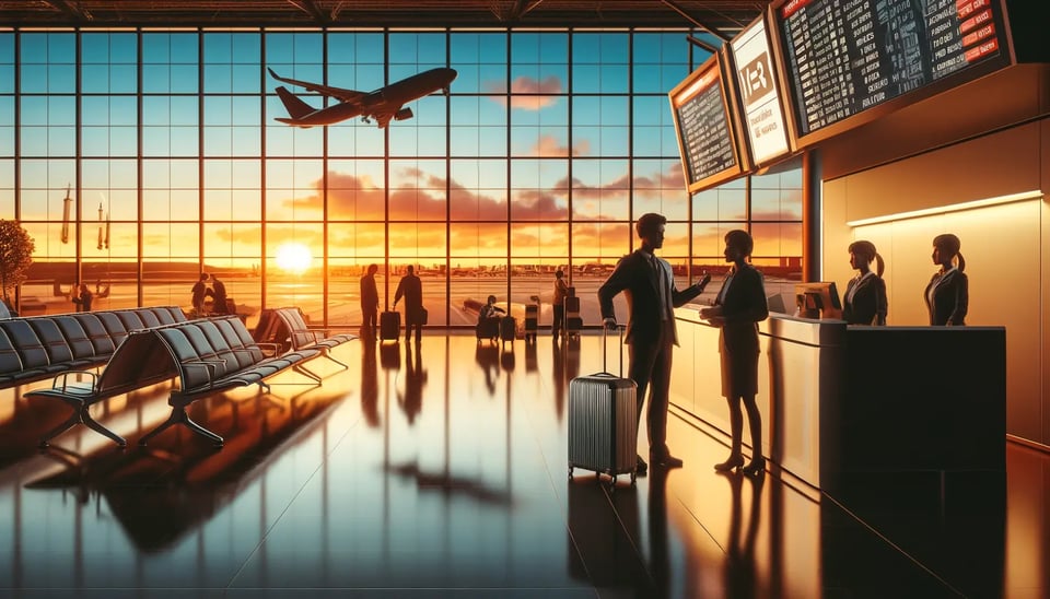 DALL·E 2025-01-09 23.53.22 - A photo-realistic image of an airport terminal interior at sunset. A person is standing in front of a customer service counter, talking to an airline