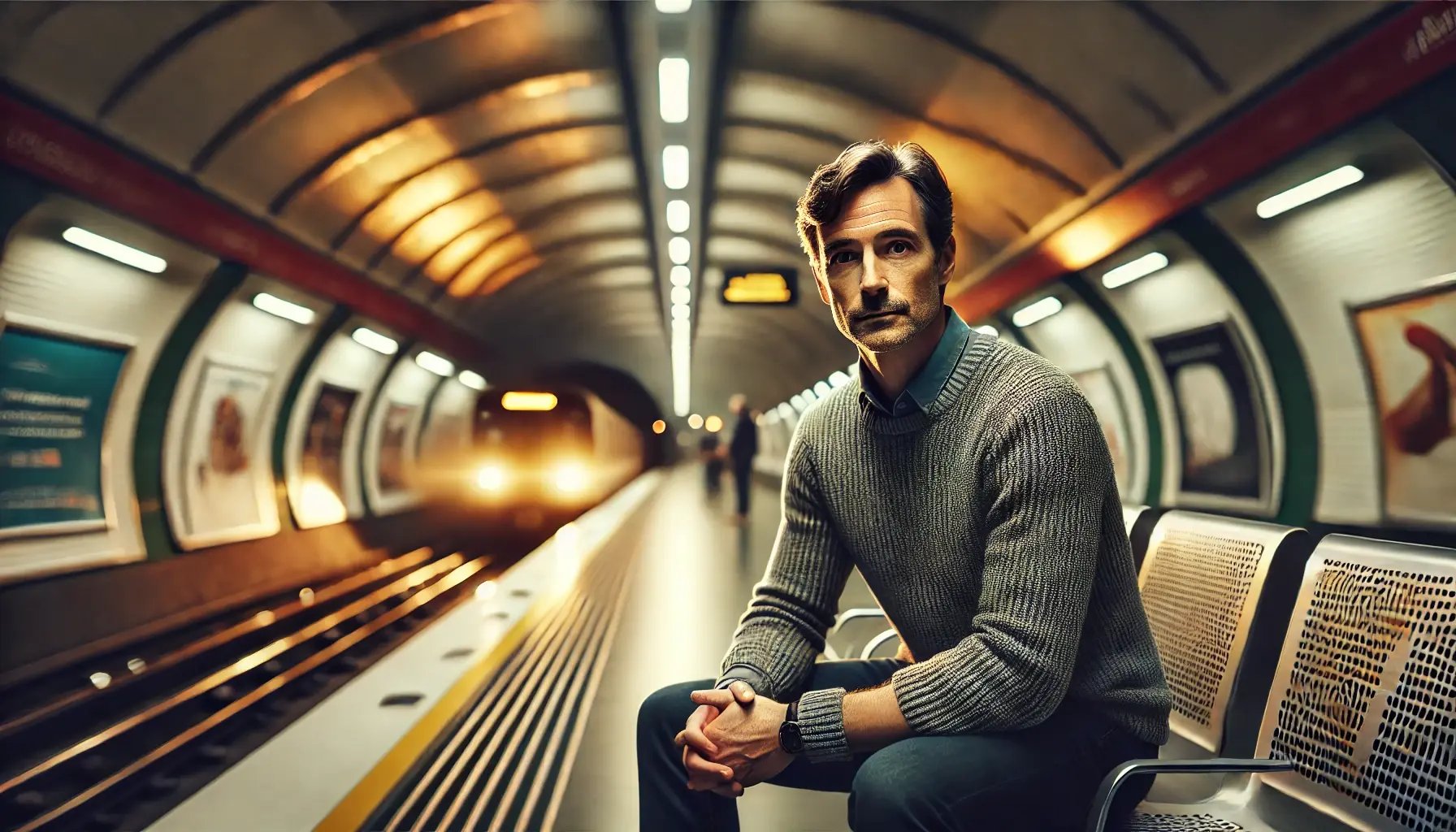 DALL·E 2025-01-15 22.19.06 - A high-resolution photograph of a middle-aged man sitting on a bench on a subway platform, waiting for the train. The lighting is artificial, with a t