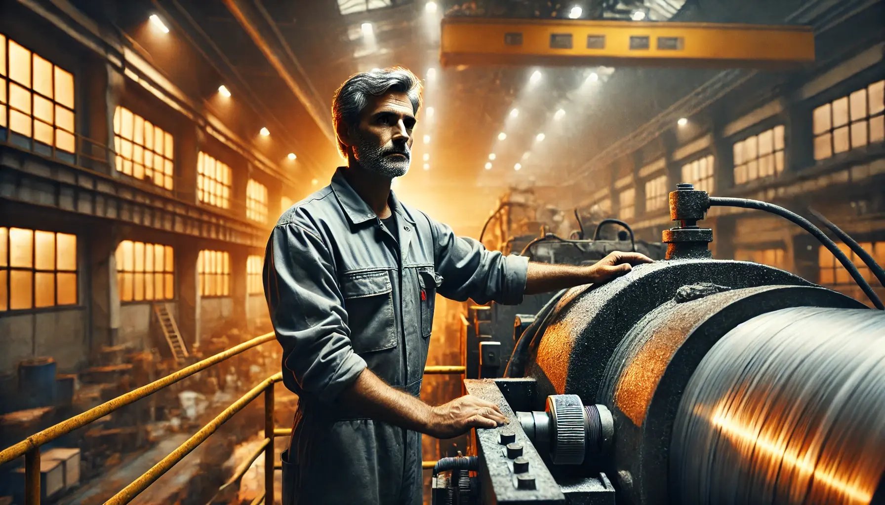 DALL·E 2025-01-16 20.32.12 - A high-resolution photograph of a middle-aged man working in a graphite electrode manufacturing factory that uses asbestos in its production process. 