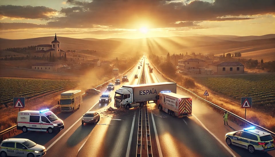 DALL·E 2025-01-16 20.59.14 - A high-resolution, photorealistic image of a highway accident between two large trucks on a two-lane national road in Spain. The scene is set in the
