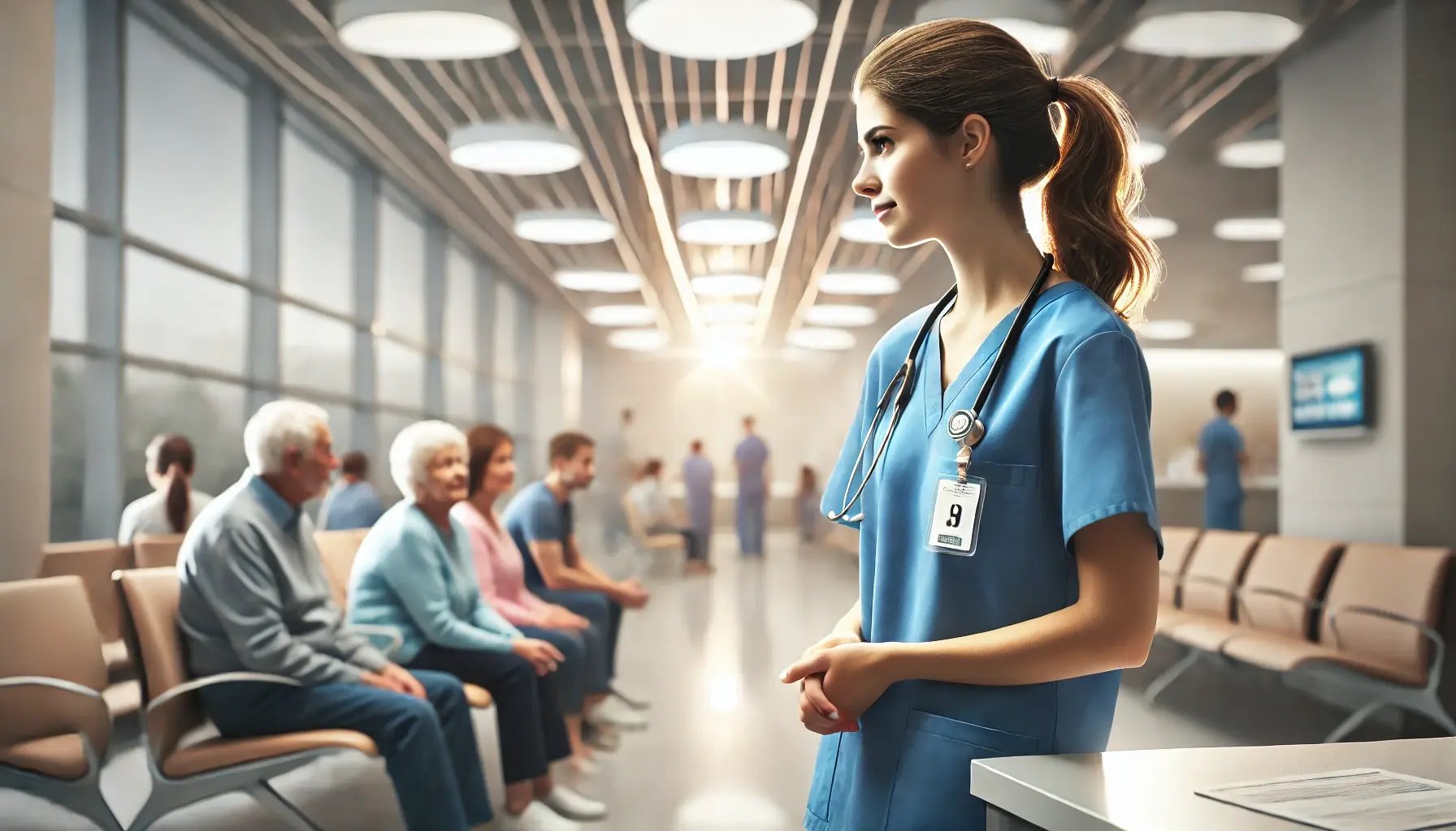 DALL·E 2025-01-16 21.13.18 - A high-resolution, photo-realistic image of a female healthcare worker in a hospital waiting area, attending to patients. She is wearing blue scrubs a