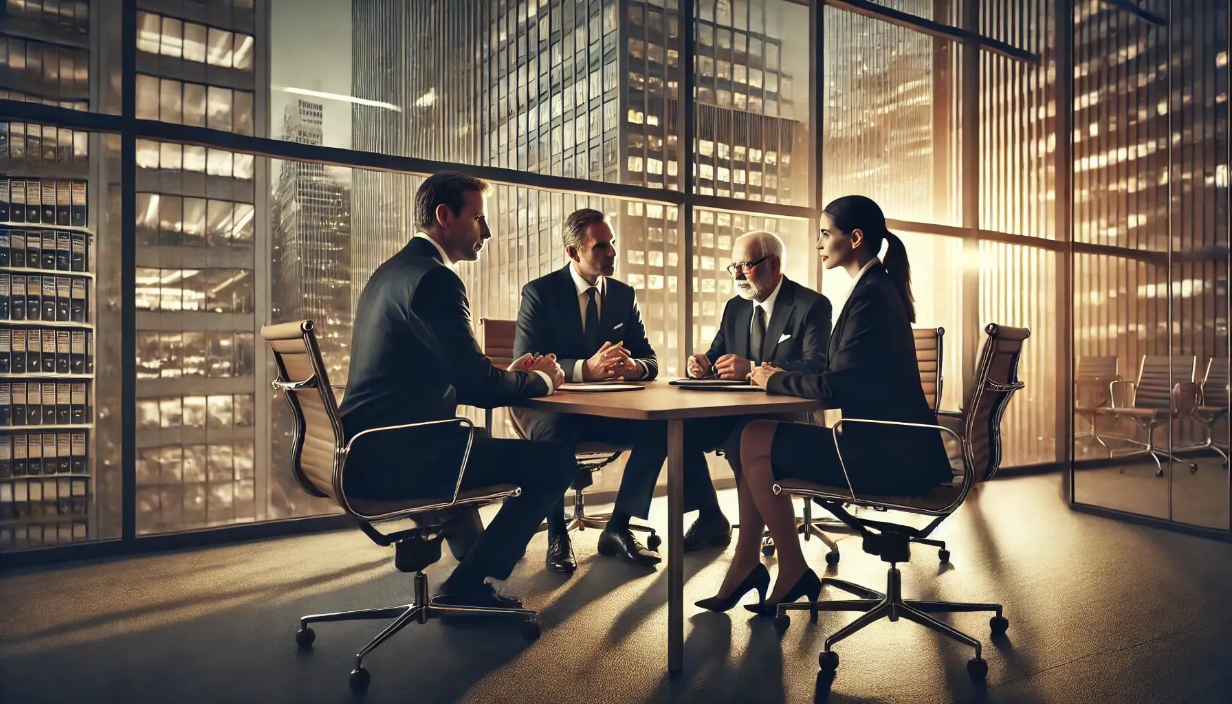 DALL·E 2025-01-20 22.15.17 - A high-resolution photograph of a middle-aged man and a woman negotiating at a round table in a modern office, accompanied by two lawyers. The office 