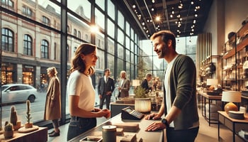 Elaborado por A&B Legal con DALL·E 2025-01-30 10.40.56 - Una fotografía de alta resolución de un hombre de mediana edad y una mujer conversando amistosamente dentro de una moderna tienda de artículos para el hogar estilo boutique.