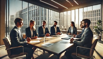Creado con DALL-E por Algora & Bada Legal - Imagen de alta resolución de varios socios negociando sentados en una mesa de una oficina