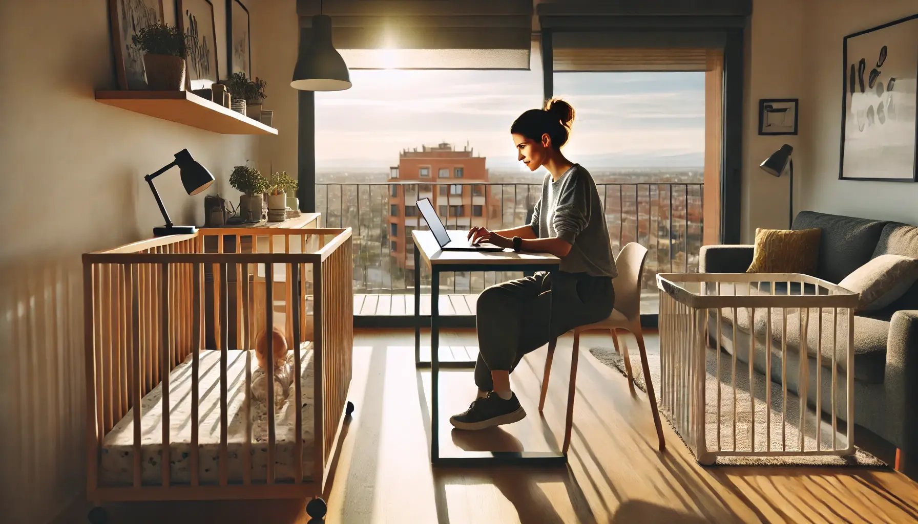DALL·E 2025-02-11 10.00.03 - A high-resolution photograph of a 30-year-old woman working from the living room of her home. A baby crib is visible on one side. The living room is f