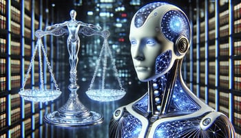 Una obra de arte digital hiperrealista de alta resolución de una representación abstracta de la inteligencia artificial y la justicia. Elaboración propia Algora & Bada Legal SLP DALL·E 2025-02-13 22.58.19 -