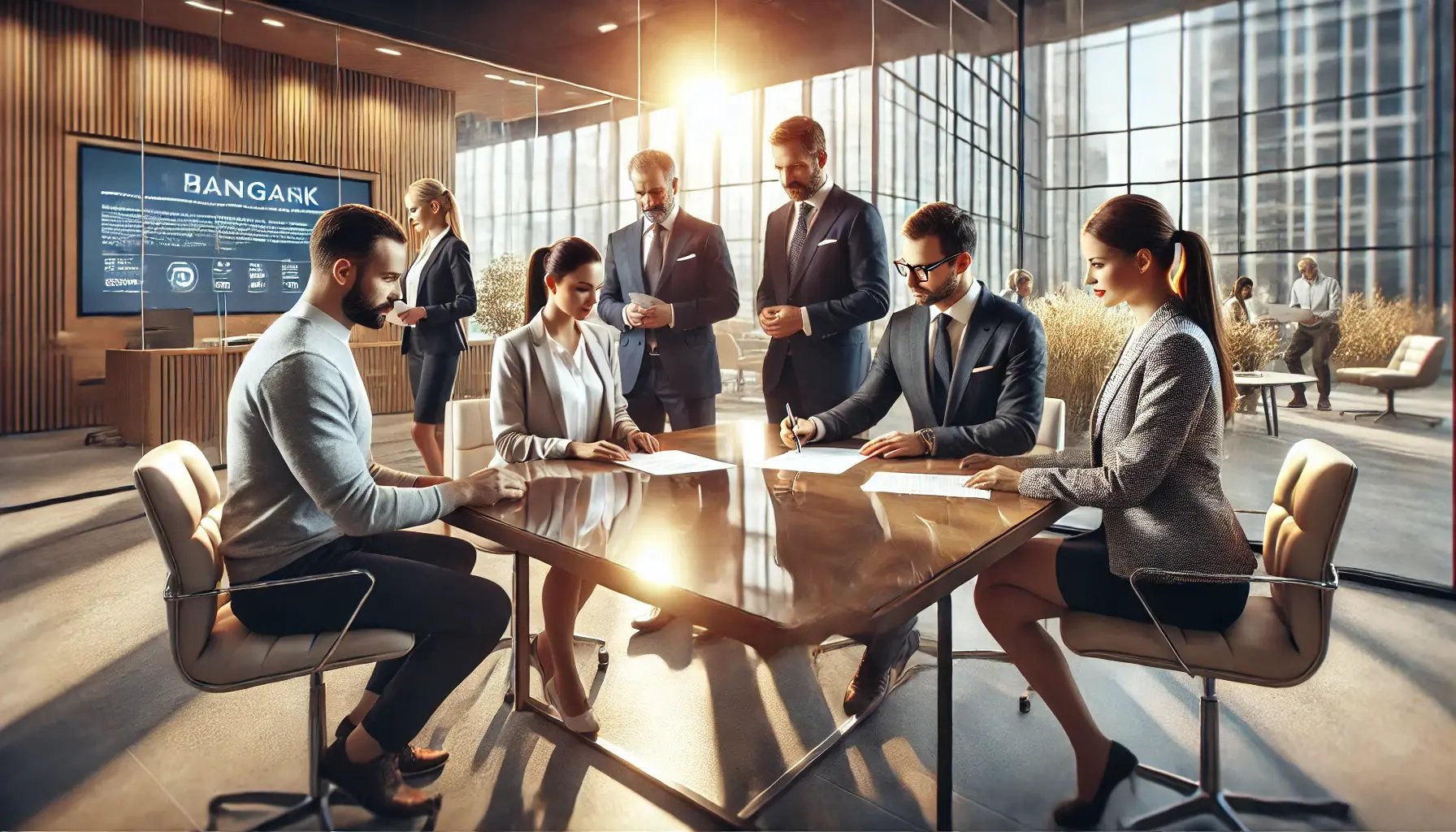 DALL·E 2025-03-03 09.33.29 - A hyper-realistic, high-resolution photograph of a group of business professionals aged 30 to 50 inside a modern bank office, signing a mortgage agree