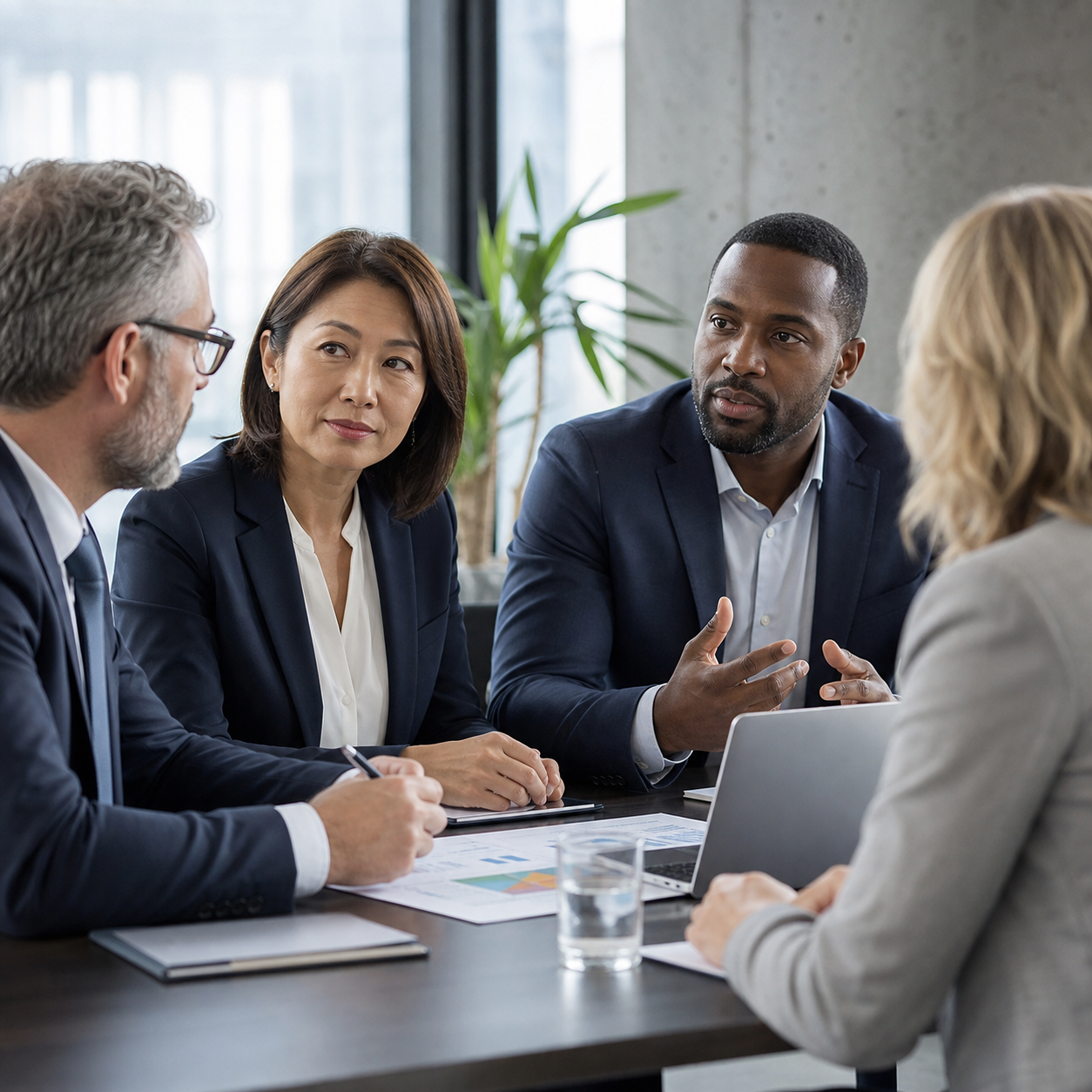 Business Executives Discussing Mergers at Boardroom Table